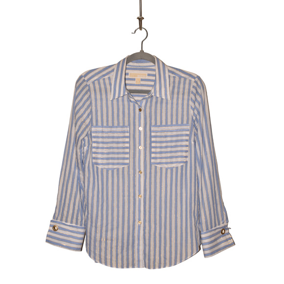 MICHAEL KORS $79 Metallic Stripe Grommet Cuff Button Down Shirt Medium - Picture 1 of 4